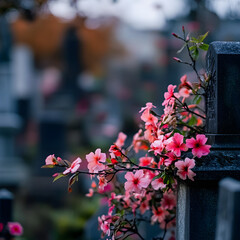 Pink and Red Funeral Flowers on a Grave in a Cemetery, AI GENERATIVE