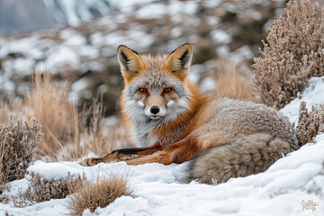 Adorable wild red fox with fluffy fur and brown eyes lying on snowy ground in winter nature of Gran Paradiso National Park