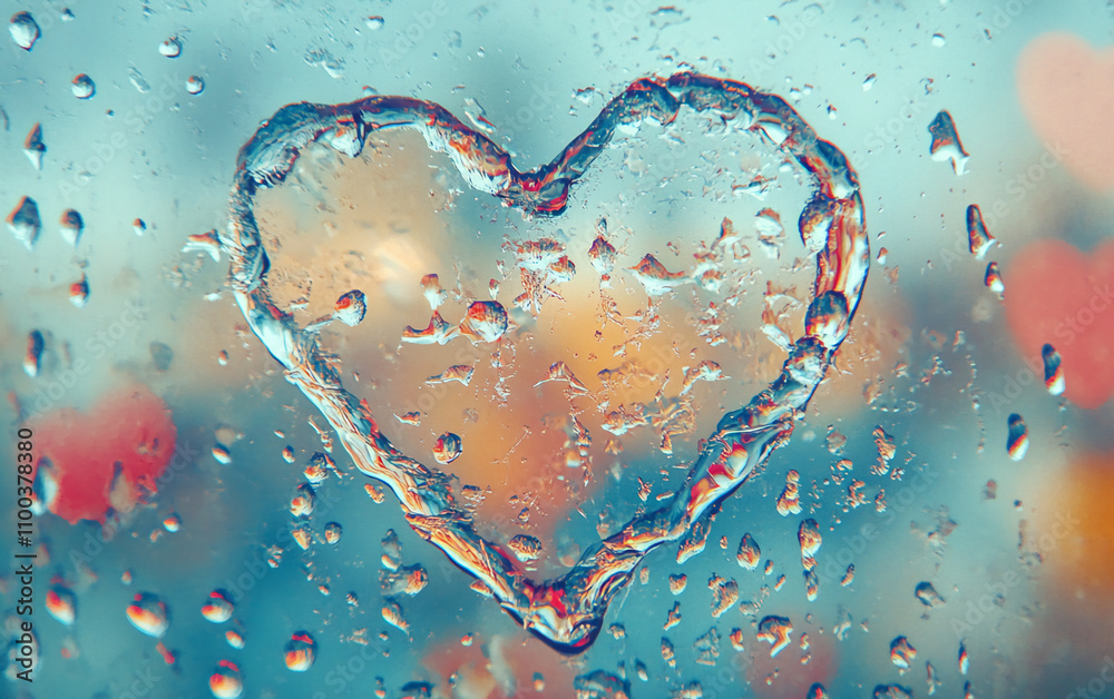 Poster Heart shape created by raindrops on glass while colorful bokeh lights blur in the background