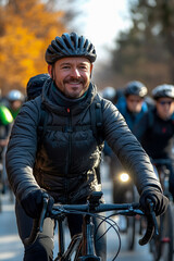 Naklejka premium Group of cyclists enjoys a community ride through a vibrant autumn park, surrounded by colorful leaves and warm sunlight