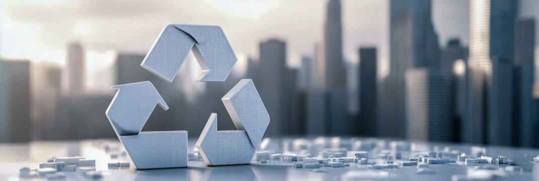Origami recycle symbol with city skyline in background reflecting sustainability efforts - Powered by Adobe