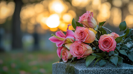 Pink and Red Funeral Flowers on a Grave in a Cemetery, AI GENERATIVE