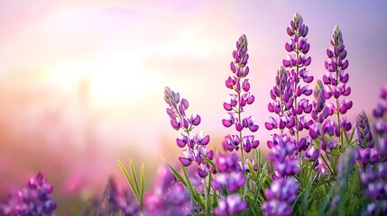 Fototapeta premium Dreamy Meadow of Purple Lupine Flowers Under Pastel Skies