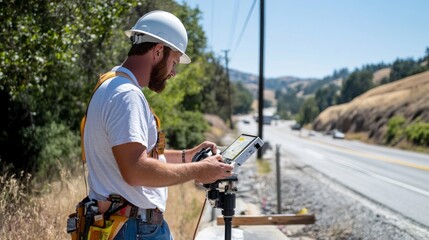 Geodetic engineer surveyor in white hard hat doing measurements with GNSS satellite receiver during road construction works.