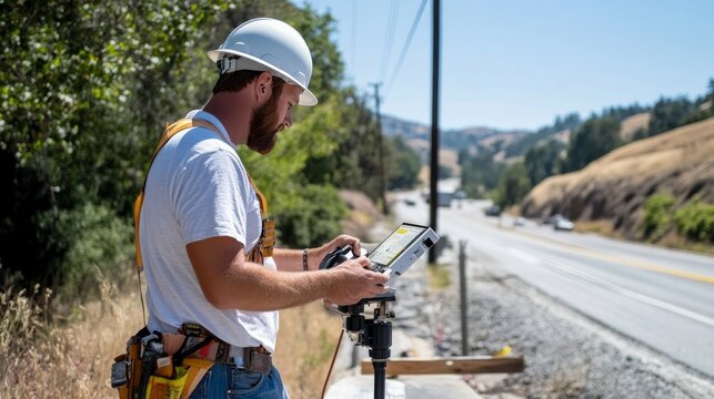 Geodetic engineer surveyor in white hard hat doing measurements with GNSS satellite receiver during road construction works.
