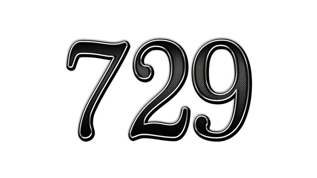 black metal 3d design of number 729 on white background.