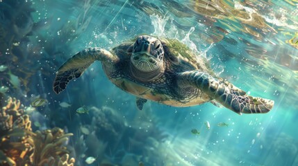 Obraz premium Sea turtle swimming underwater in coral reef.