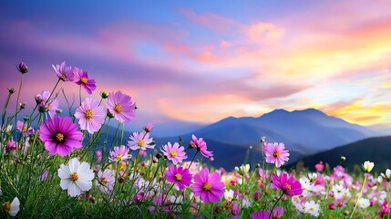 Fototapeta premium Dreamy Cosmos Flower Field Under Pastel Colored Twilight Skies