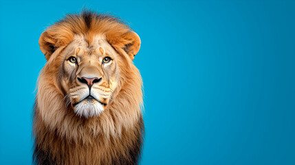 Fototapeta premium A majestic lion gazes into the camera against a vibrant blue background, showcasing its powerful presence and striking mane.