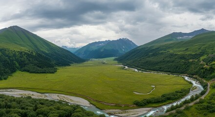 Fototapeta premium Serene Mountain Valley Landscape River, Meadows, and Verdant Slopes