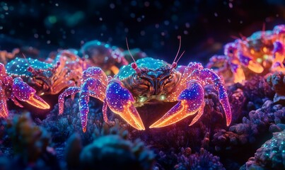 Fototapeta premium Glowing crabs on vibrant, underwater rocks.