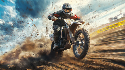 Obraz premium Motocross racer in action, riding through dirt and dust on a bright day. High-energy moment captured with flying debris and speed.