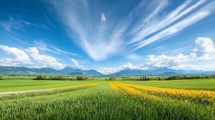 Fototapeta premium Stunning Flower Filled Countryside Landscape with Dramatic Sky
