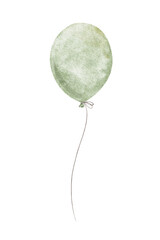 Pastel green air balloon. Isolated hand drawn Watercolor illustration. Birthday party concept. Element for design cards, invitations, backgrounds, packing, kids goods, kid's shop, baby shower