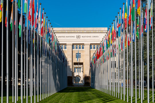 Gen&egrave;ve, Suisse - 16 novembre 2024: All&eacute;e des drapeaux menant au Palais des Nations, complexe de b&acirc;timents h&eacute;bergeant l'Office des Nations Unies &agrave; Gen&egrave;ve, si&egrave;ge europ&eacute;en de l'ONU
