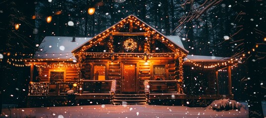 Fototapeta premium Cozy cabin gathering with friends by the fire, sharing new year s resolutions and stories in snow