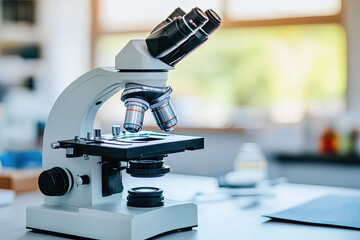 Close-up objective lens microscope in laboratory. Examining histological sample, a biopsy in the laboratory of cancer research. Medical pathology and cytology laboratory concept