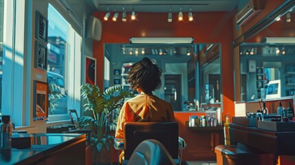 Obraz premium Woman sits in barber chair facing window in sunny salon.