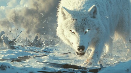 Obraz premium A fierce white wolf prowls through a snowy battlefield, exuding power and intensity.