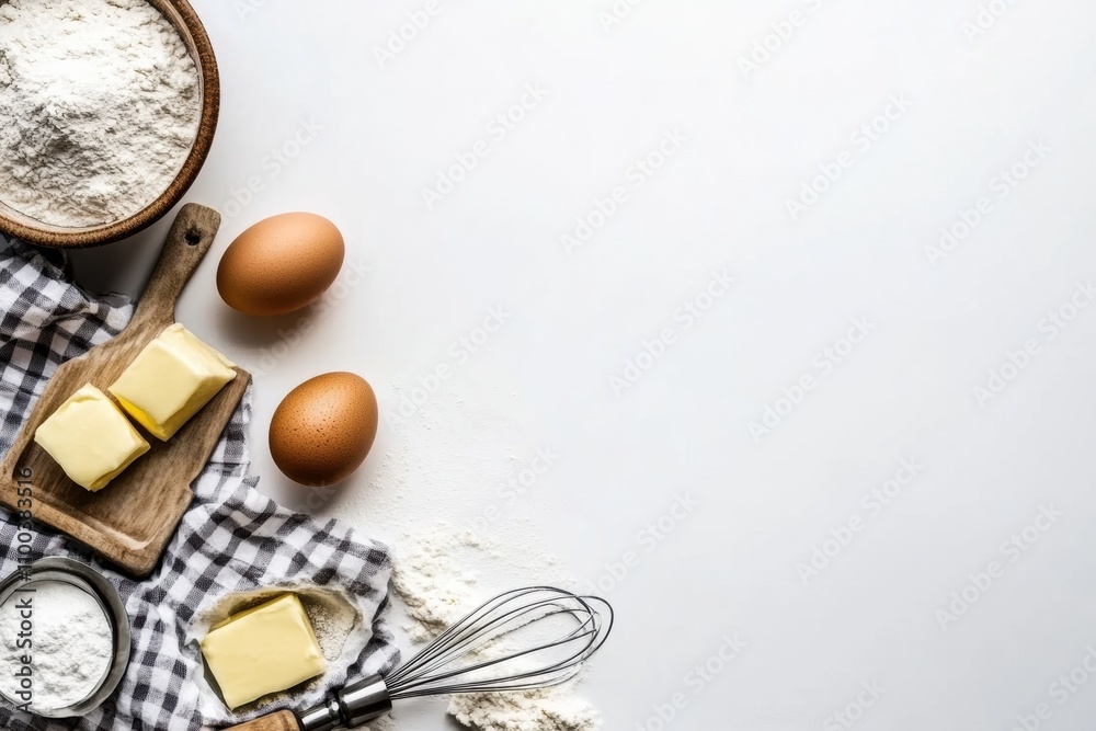 Poster baking essentials including flour, eggs, butter, and a whisk laid out on a white background, ready f