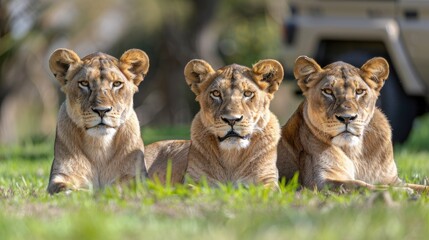 Three lionesses resting in grass, safari vehicle in background.
