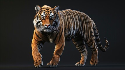Fototapeta premium Majestic tiger walking towards camera on dark background.