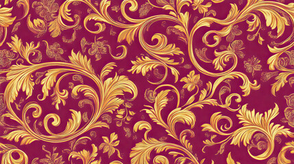 Elegant gold baroque floral pattern on rich maroon background