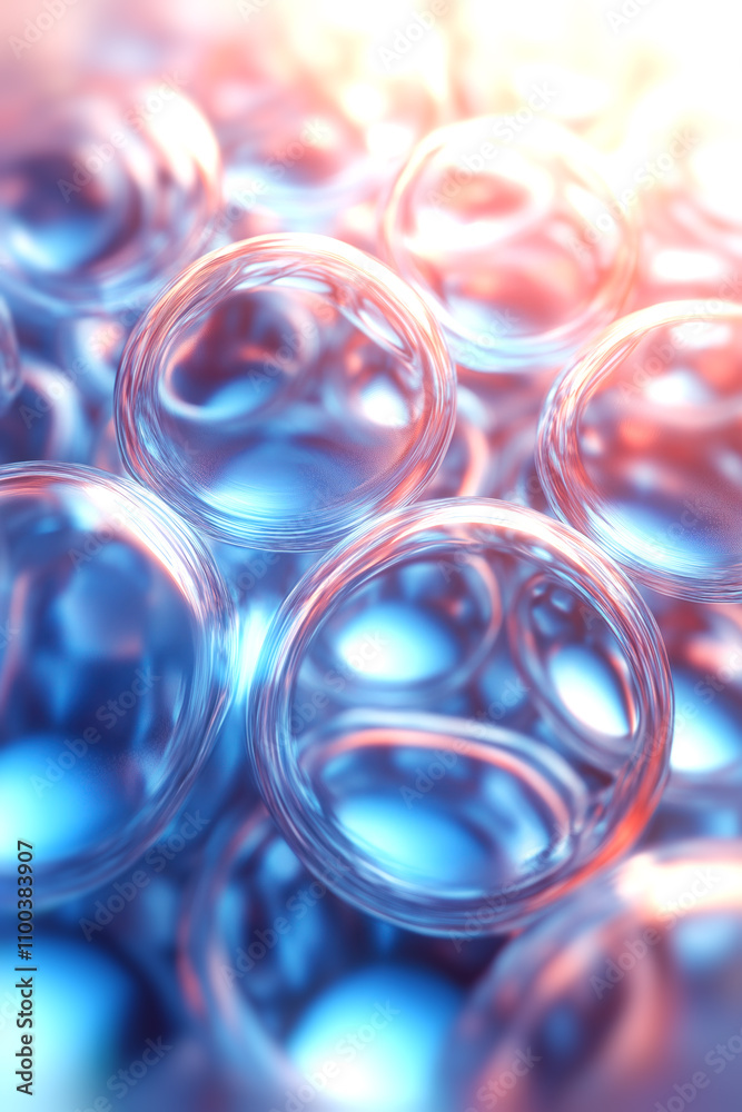 Poster Abstract illustration of spherical glass shapes in which light effects create a harmony of blue and orange tones, emphasizing the layered composition and depth-of-field effect