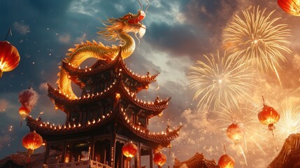 Obraz premium A vibrant celebration featuring a dragon atop a pagoda with fireworks and lanterns in the sky.