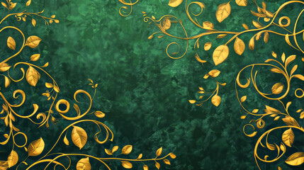 Elegant gold vines and leaves on a rich green background