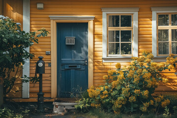 a cute yellow house with the a cozy autumn background