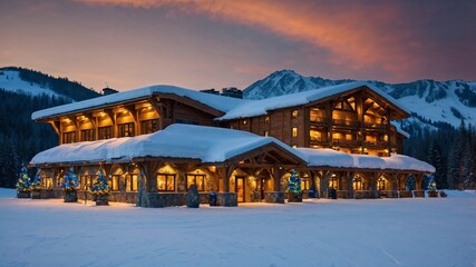 big, wooden ski hotel in an mountain valley. Generative AI.