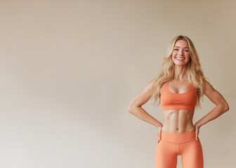 Naklejka premium a fit woman with blonde hair and a beige background