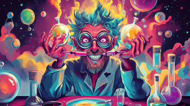 Illustration in psychedelic style, of a mad mutant scientist making crazy experiment. Psychedelic. Illustration