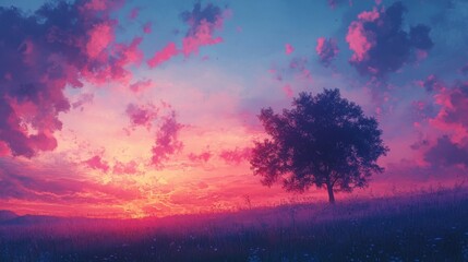 Solitary Tree Silhouetted Against Vibrant Sunset Sky