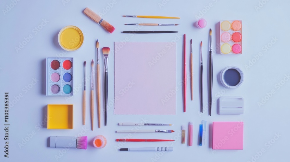 Aufkleber bright assortment of art supplies arranged thoughtfully on a flat surface, perfect for artists ready