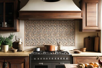 Rustic kitchen, patterned backsplash, wood cabinets, stovetop.