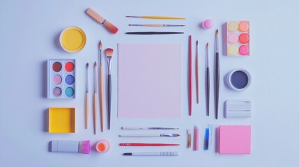 Bright assortment of art supplies arranged thoughtfully on a flat surface, perfect for artists ready to create and explore new ideas. Generative AI