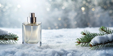 Winter Men’s Perfume Bottle on Snowy Background