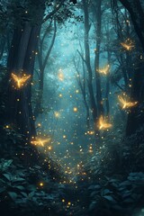 Obraz premium Enchanted forest path, glowing fireflies.