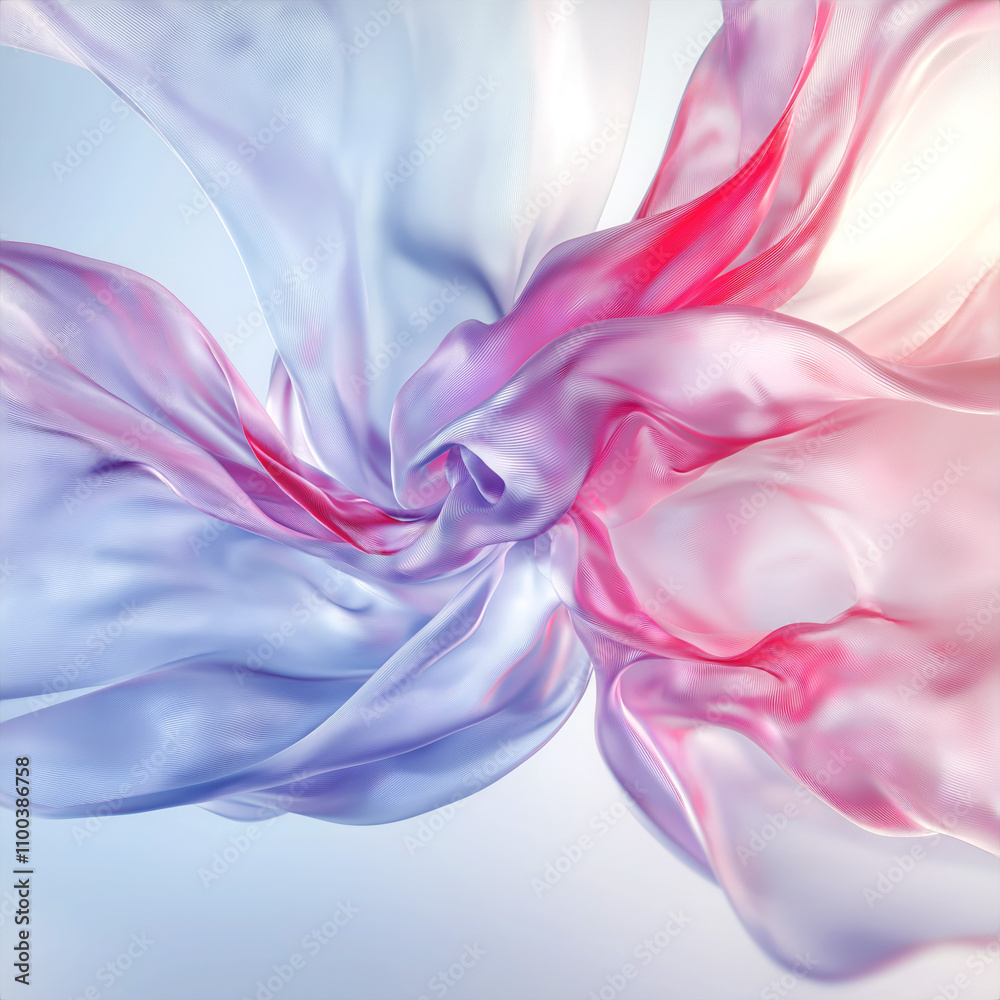 Poster Abstract composition with transparent flowing fabric, gently bending and twisting in space. The main colors are pastel shades of pink, purple and white. Gradients and soft lighting give the image ligh