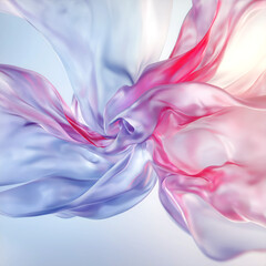 Abstract composition with transparent flowing fabric, gently bending and twisting in space. The main colors are pastel shades of pink, purple and white. Gradients and soft lighting give the image ligh