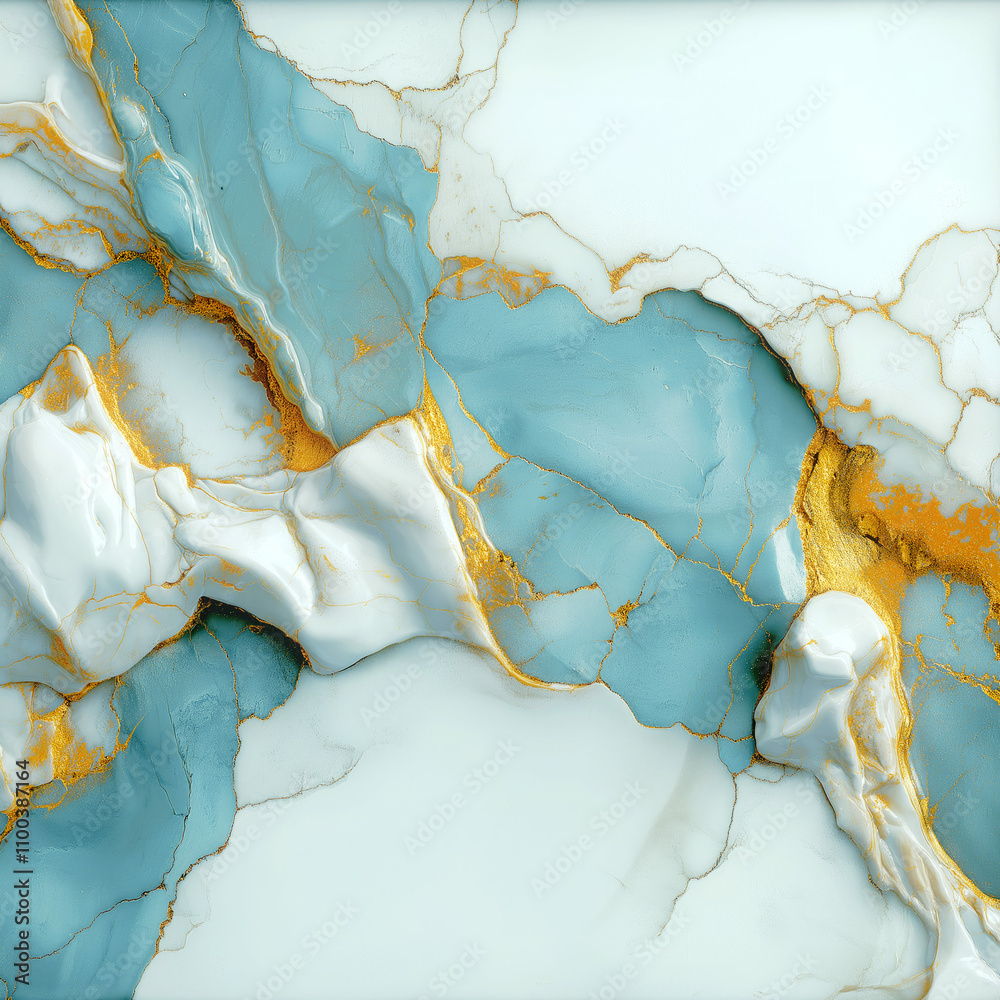 Poster an elegant marble pattern with soft transitions of greenish-blue and white shades, where golden vein