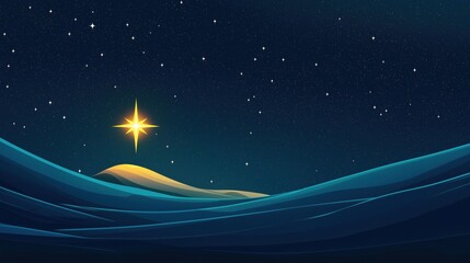 Golden star shines brightly over calm ocean waves under a starry night sky