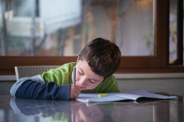 Little kid sitting at table at home, doing homework.