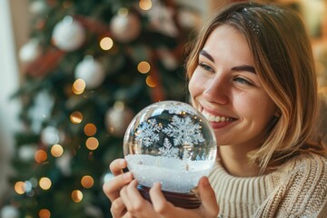 Naklejka premium Woman holding snow globe near Christmas tree closeup