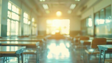 A peaceful wash of sunlight streams through an empty classroom at twilight