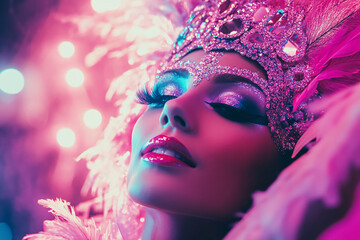 Obraz premium Brazilian glamorous woman in a stunning mask with feathers and sparkling makeup, conveying an enchanting and festive atmosphere filled with vibrant colors
