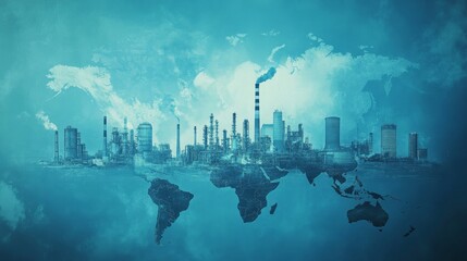 Fototapeta premium Blank World map overlay with large industry factory building, Power plant, Petroleum complex background on blue color tone graphic for world wide business present background.