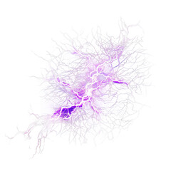 Abstract illustration of vibrant purple lightning energy radiating outwards., cut out, PNG file